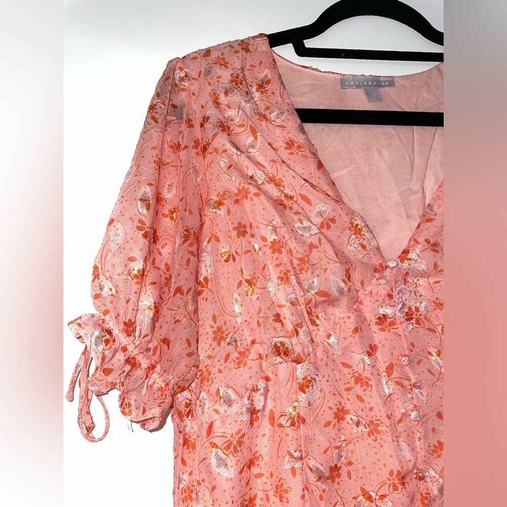 Chelsea 28 Prairie Coral Floral Tie Sleeve Ruffle Hem Midi Dress Size L(12/14)⭐️ - Picture 10 of 15